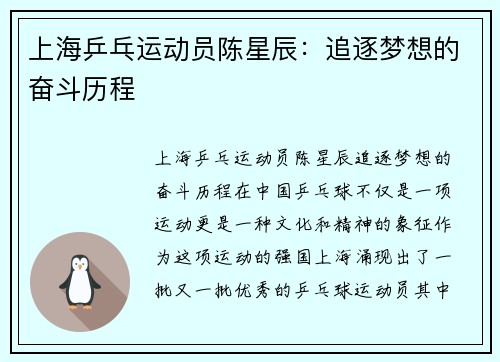 上海乒乓运动员陈星辰：追逐梦想的奋斗历程